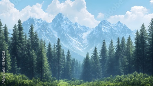 Dense pine tree with the background of a mountain. A view of dense pine trees set against towering mountains.