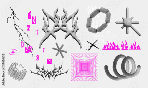 Pixel art, retro shapes and 3d elements, aesthetics bitmap and Y2K. Halftone shapes, pixel art, collage retrofuturistic elements. Pink graphic pack 8bit with 3D objects. Vector graphic collection