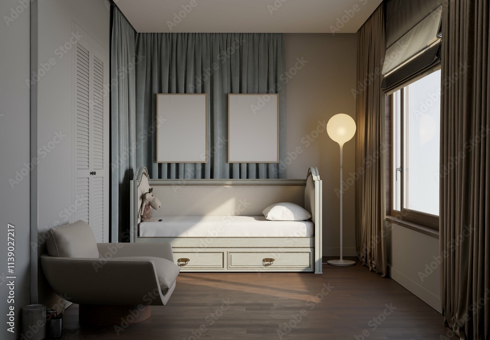 mockup poster in cute kids bedroom with classic sofa bed in grey color. 3d illustration mockup poster in cute kids bedroom with classic sofa bed in grey color. 3d illustration