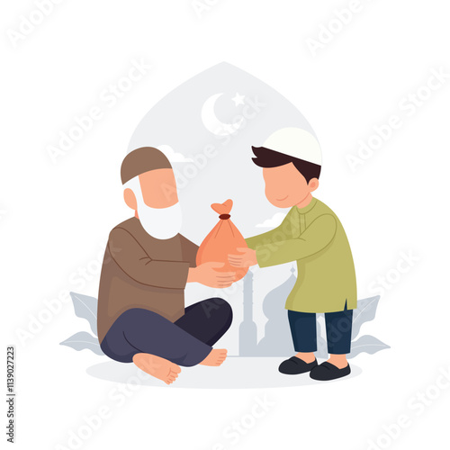 A little boy giving donation and charity in flat style with vector illustration