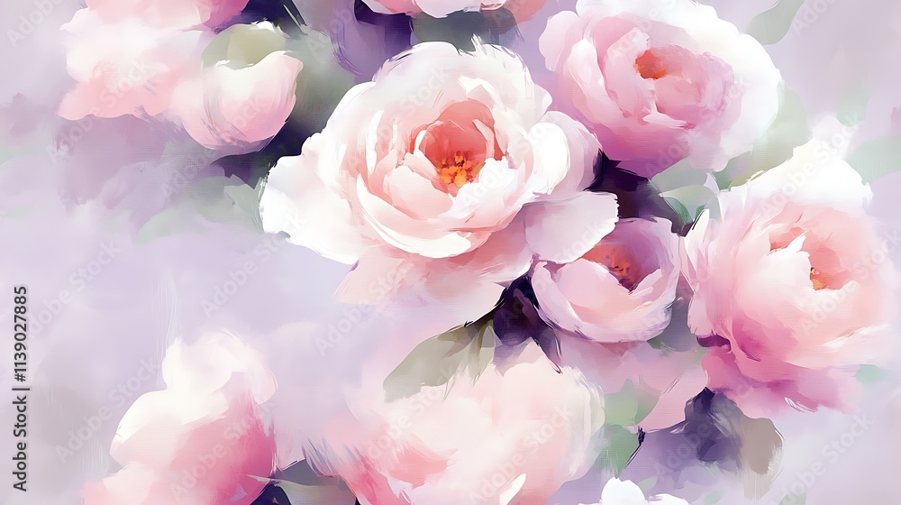An ethereal watercolor composition of peonies and roses, abstractly blending soft pinks and whites with delicate green accents, on a smooth pastel lavender canvas, hd quality, graceful and enchanting. An ethereal watercolor composition of peonies and roses, abstractly blending soft pinks and whites with delicate green accents, on a smooth pastel lavender canvas, hd quality, graceful and enchanting.