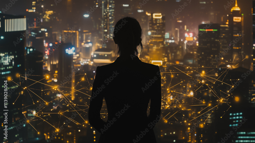 Abstract businesswoman stands on the peak of success Smart digital city with connection cyber security network reciprocity over the cityscape future wireless digital city and social media networking Abstract businesswoman stands on the peak of success Smart digital city with connection cyber security network reciprocity over the cityscape future wireless digital city and social media networking