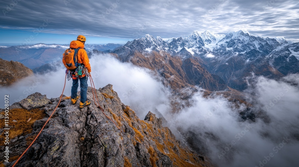 A climber surveys a breathtaking mountain landscape, showcasing adventure and exploration.