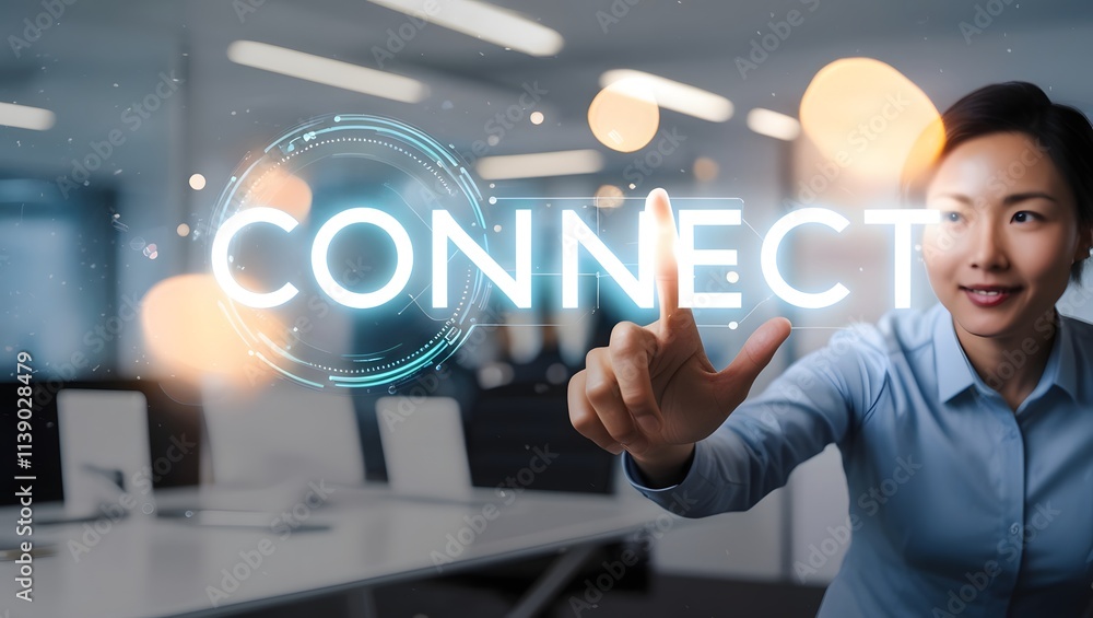Obraz premium Company employees are about to press the “Connect” button to enter the online world.