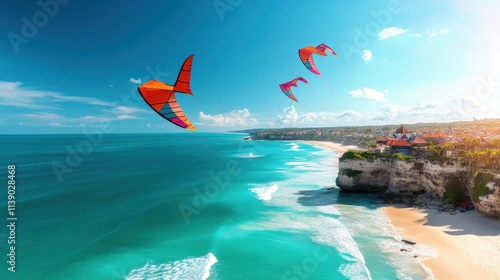 Kite Surfing Adventure on Pristine Bali Beach Aerial View Vibrant Colors Sunny Coastal Environment Exciting Outdoor Activity