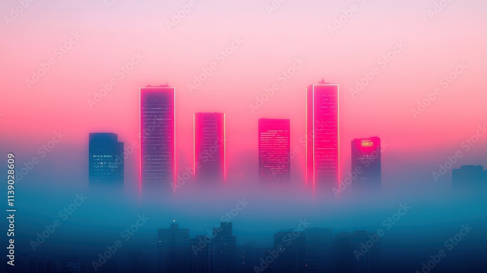 Neon Cityscape at Dusk with Mist and Soft Pink Sky Neon Cityscape at Dusk with Mist and Soft Pink Sky