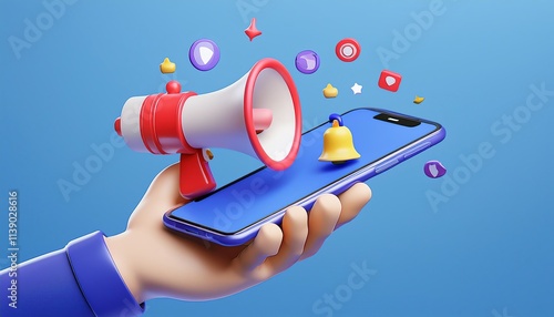 A vibrant illustration showing a hand holding a smartphone with a megaphone, surrounded by social media icons and notifications.