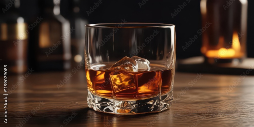 Amber whiskey rests in a rocks glass on a dark wood table , drink, neat Amber whiskey rests in a rocks glass on a dark wood table , drink, neat