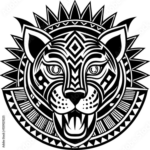 Intricate Ancient Mayan Tribal Pattern Featuring a Powerful Tiger Design with Symbolic Elements and Bold Lines vector illustration logo photo