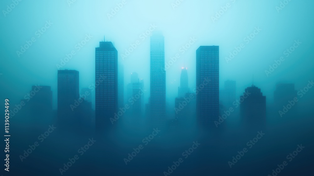 Fototapeta premium Misty Urban Landscape with Skyscrapers in Soft Blue Tones