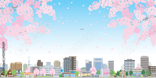 桜咲く春の街並みのイラスト