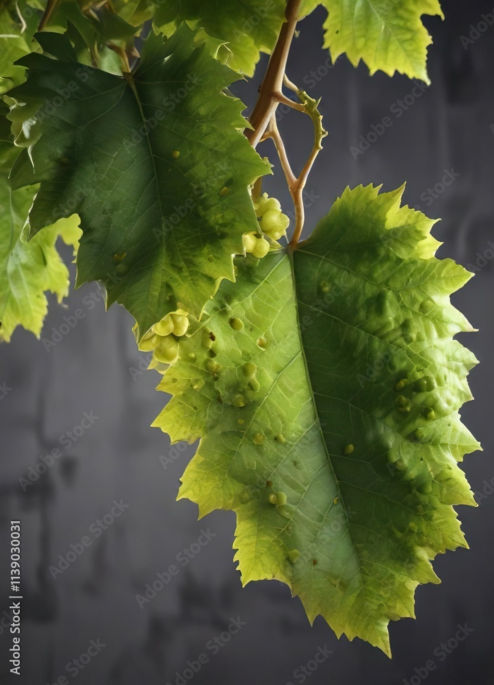 Detailed image of a Chardonnay grape with a large green vine leaf attached to its stem , botanical, grape Detailed image of a Chardonnay grape with a large green vine leaf attached to its stem , botanical, grape