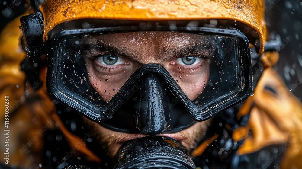 A close-up of a diver in a wet environment, showcasing intense focus and determination. A close-up of a diver in a wet environment, showcasing intense focus and determination.