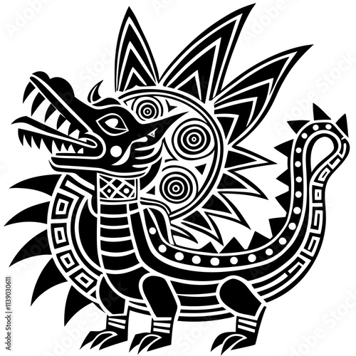 Intricate Ancient Mayan Tribal Pattern Featuring a Majestic Dragon Design with Symbolic and Geometric Elements