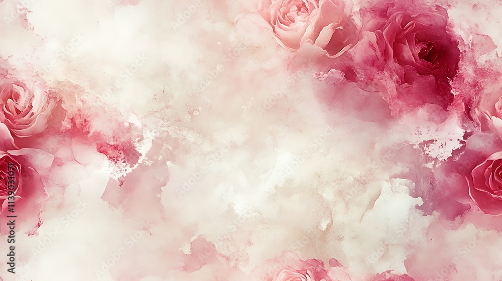 Fototapeta premium Dreamy abstract watercolor painting of roses and peonies, rich pink and soft white tones with translucent layers, on a faded cream canvas, hd quality, artistic and serene composition.