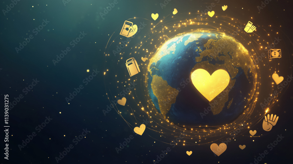Fototapeta premium 3D Globe with Charity Icons: Global Compassion and Philanthropy