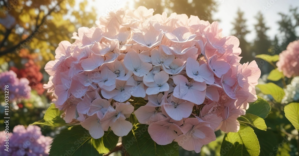 Faded hydrangea's delicate petals unfolding towards the autumn sun , autumn leaves, late fall, hydrangea Faded hydrangea's delicate petals unfolding towards the autumn sun , autumn leaves, late fall, hydrangea