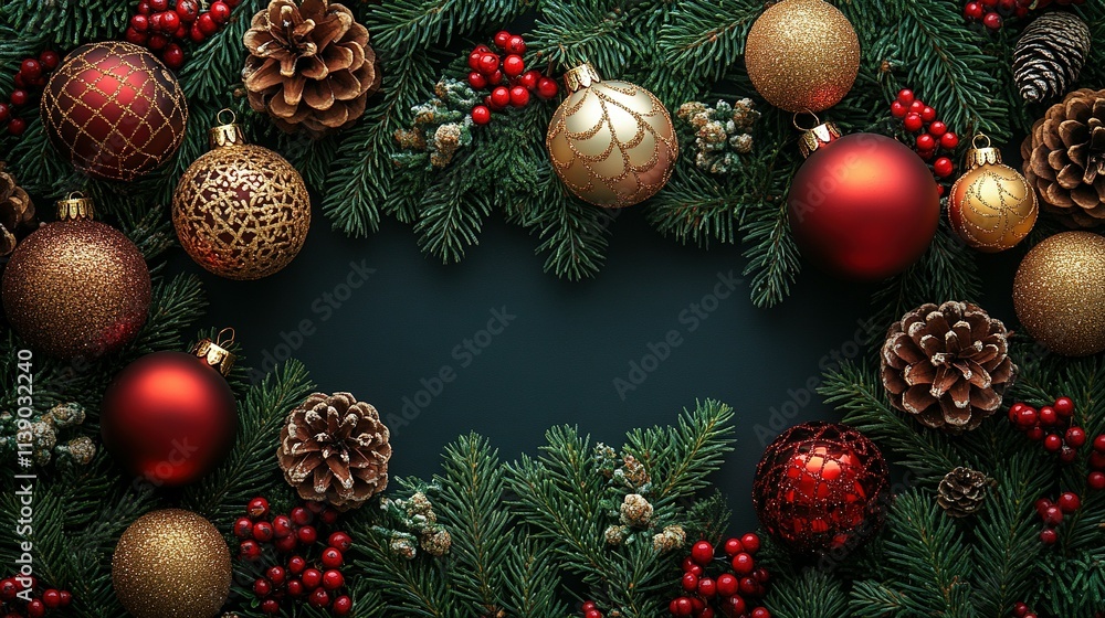 Artful Arrangement of Christmas Ornaments, Pine Cones, and Festive Decor Artful Arrangement of Christmas Ornaments, Pine Cones, and Festive Decor