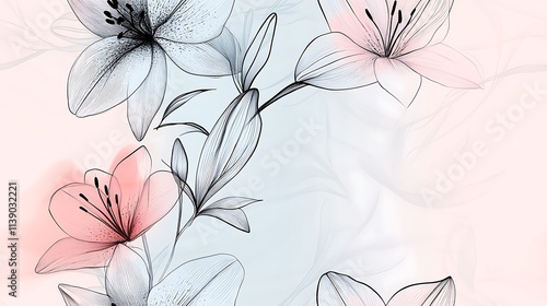 Hand-drawn minimalist line art of orchids and lilies, clean black lines with faint gradients in mint and pale pink, set against a gradient gray-to-white background, hd quality, modern and fresh.