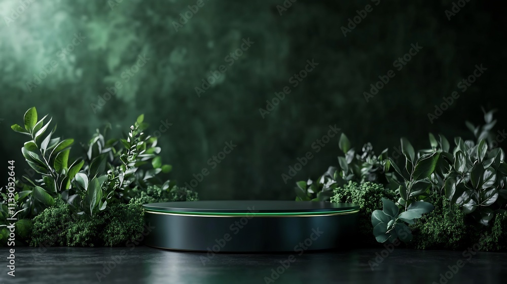 Serene Green Oasis: Product Display on Elegant Dark Green Pedestal Surrounded by Lush Greenery Serene Green Oasis: Product Display on Elegant Dark Green Pedestal Surrounded by Lush Greenery