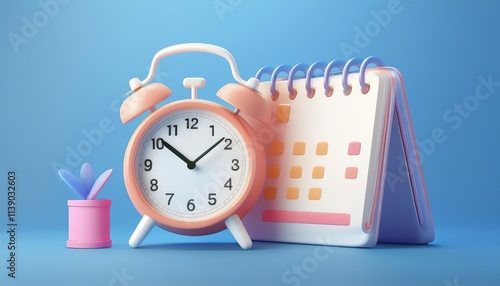 A pastel-colored alarm clock and calendar sit on a blue background, symbolizing time management and planning.