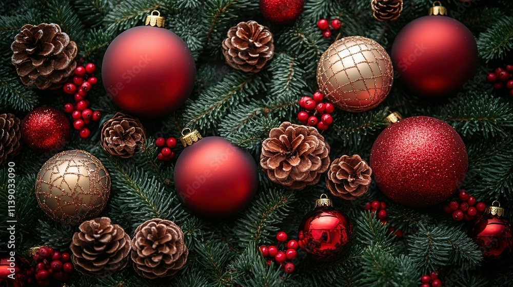 Stylish Flat Lay of Holiday Ornaments, Pine Cones, and Seasonal Accents Stylish Flat Lay of Holiday Ornaments, Pine Cones, and Seasonal Accents