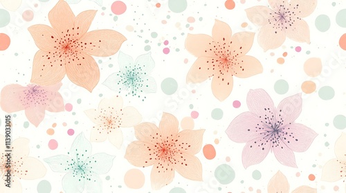 Minimalist floral doodles with bold outlines in soft peach, mint, and lilac, surrounded by pastel polka dots on a white background, seamless pattern, hd quality, lighthearted and modern design.