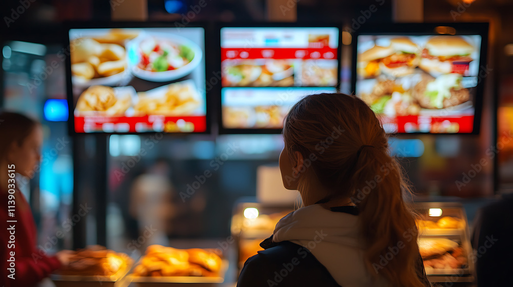 Woman Choosing Food From Digital Menu Boards at Fast Food Restaurant Woman Choosing Food From Digital Menu Boards at Fast Food Restaurant