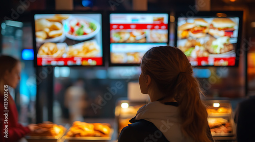 Woman Choosing Food From Digital Menu Boards at Fast Food Restaurant