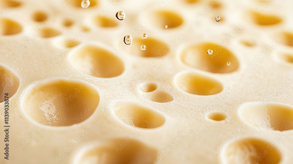 Close-Up of Honeycomb Texture with Droplets on Creamy Surface Close-Up of Honeycomb Texture with Droplets on Creamy Surface