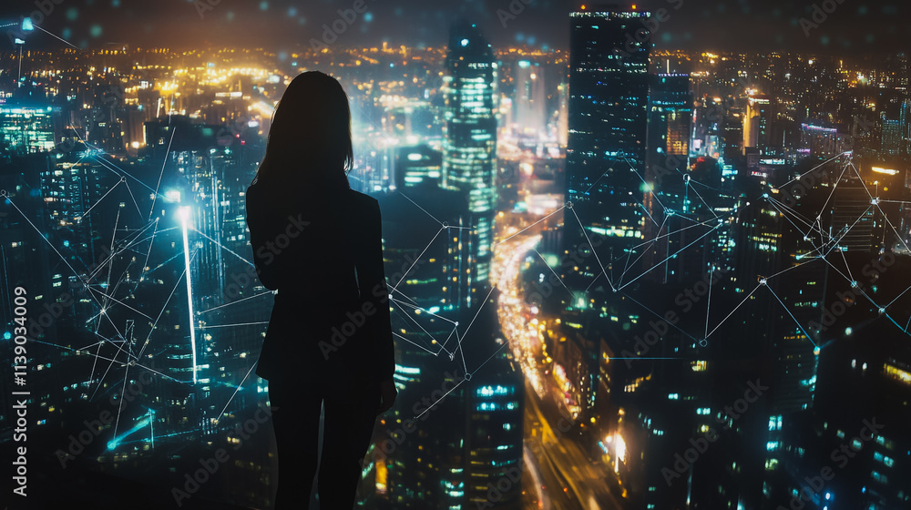 Abstract businesswoman stands on the peak of success Smart digital city with connection cyber security network reciprocity over the cityscape future wireless digital city and social media networking Abstract businesswoman stands on the peak of success Smart digital city with connection cyber security network reciprocity over the cityscape future wireless digital city and social media networking