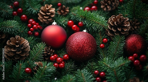 Charming Display of Christmas Decorations, Pine Cones, and Ornaments