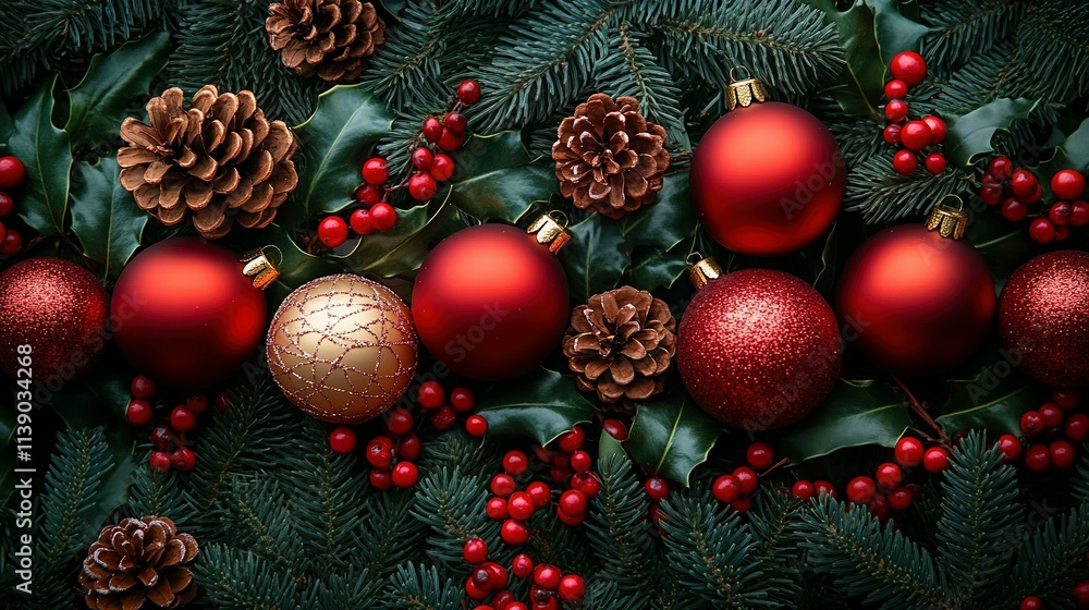 Elegant Flat Lay Featuring Christmas Ornaments, Pine Cones, and Festive Touches Elegant Flat Lay Featuring Christmas Ornaments, Pine Cones, and Festive Touches