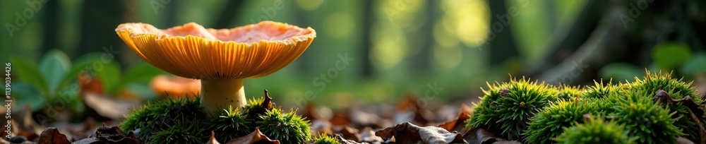 Fototapeta premium Large parasol mushroom cap sprawling across forest floor, fungi, decaying wood