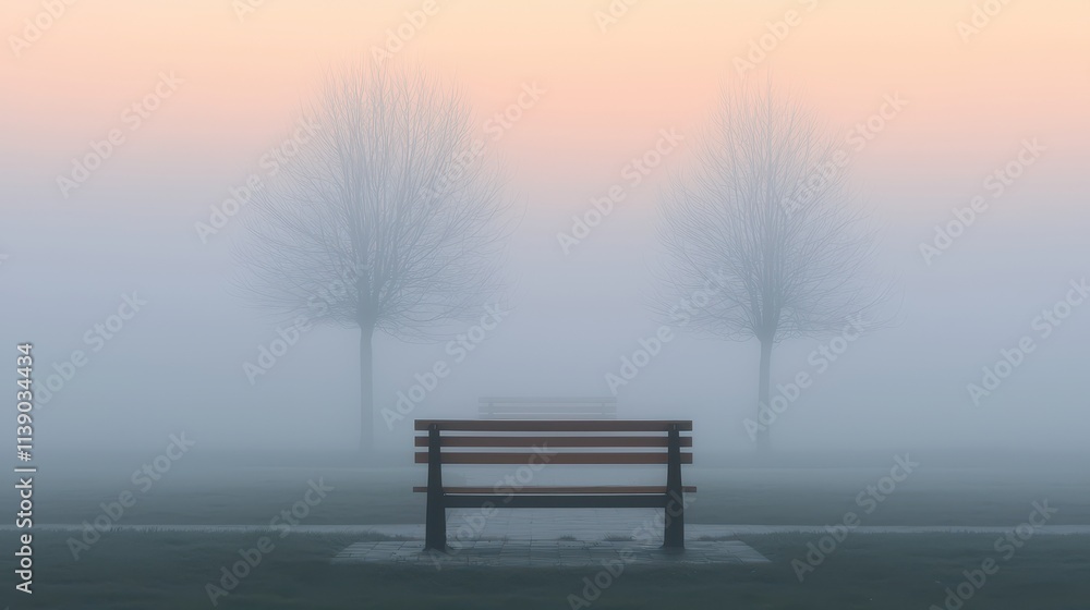 Serene Foggy Morning in a Park with Bare Trees and Empty Bench Serene Foggy Morning in a Park with Bare Trees and Empty Bench