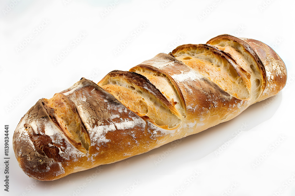 Rustic freshly baked baguette with crispy golden crust and artisan scoring isolated on white background Rustic freshly baked baguette with crispy golden crust and artisan scoring isolated on white background