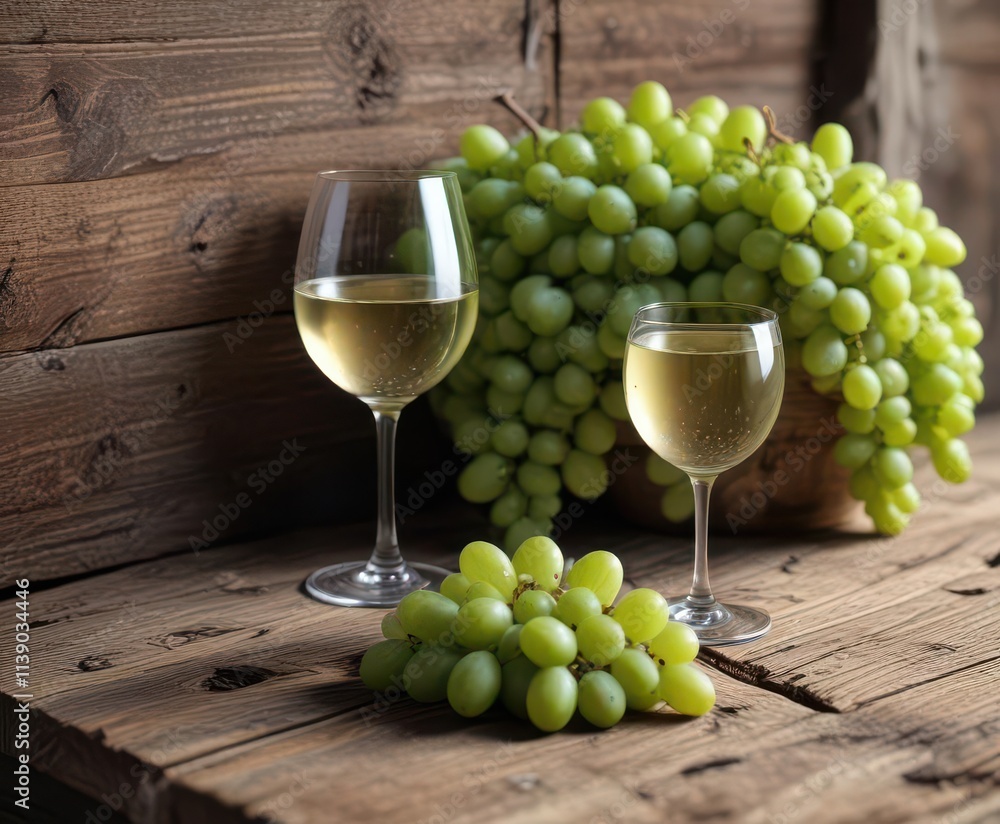 Fototapeta premium Cool white wine alongside plump green grapes on weathered wood , rustic, vintage