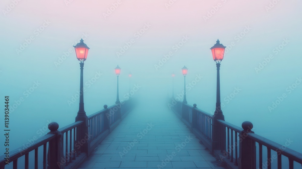 Fototapeta premium Foggy Pathway with Lanterns Illuminating a Mystical Atmosphere