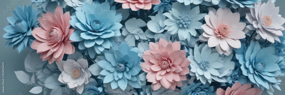 Obraz premium Colorful handmade paper flower bouquet, light blue, central empty area , backdrop, birthday