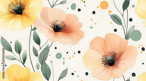 Playful, sketched floral designs with pastel yellow, green, and peach petals, accompanied by polka dots in contrasting muted tones, set against a light gray background, hd quality, photo