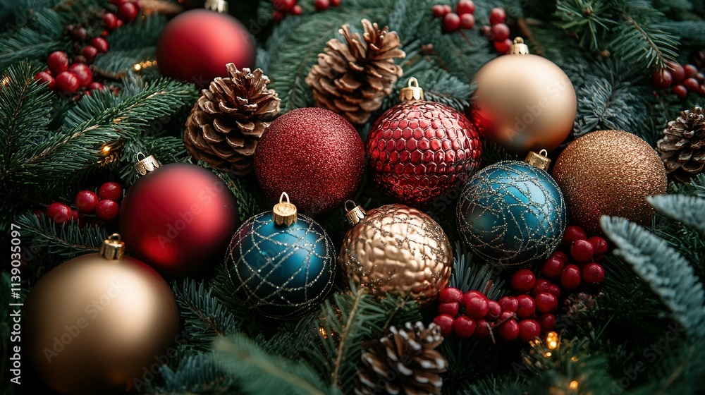 Beautifully Arranged Flat Lay of Holiday Ornaments and Pine Cone Decor Beautifully Arranged Flat Lay of Holiday Ornaments and Pine Cone Decor