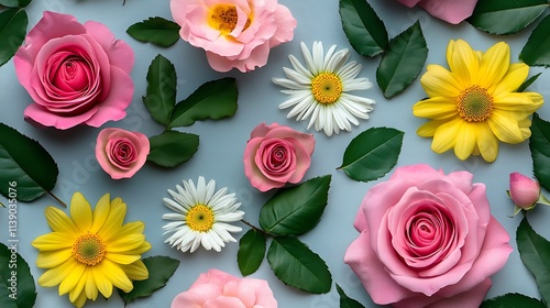 Roses and daisies arranged in circular geometric patterns, vibrant hues of pink and yellow, with green leaves accenting, placed on a smooth light gray background, hd quality,