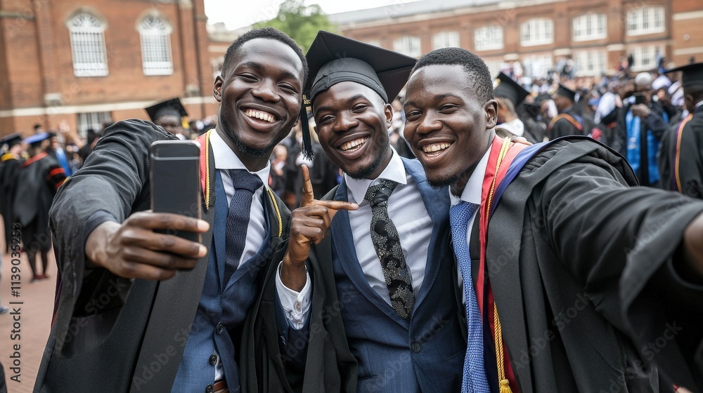 Fototapeta premium A joyful group of friends in graduation attire taking a selfie together, their energy radiating achievement and camaraderie