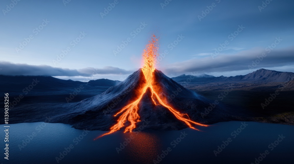 Erupting volcano with lava flowing into a lake at dusk. Erupting volcano with lava flowing into a lake at dusk.