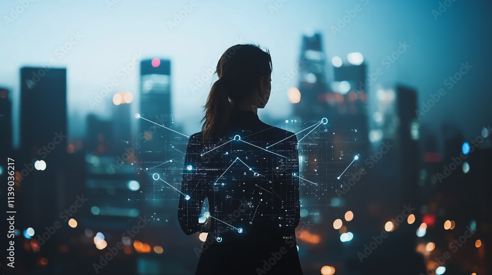 Abstract businesswoman stands on the peak of success Smart digital city with connection cyber security network reciprocity over the cityscape future wireless digital city and social media networking Abstract businesswoman stands on the peak of success Smart digital city with connection cyber security network reciprocity over the cityscape future wireless digital city and social media networking