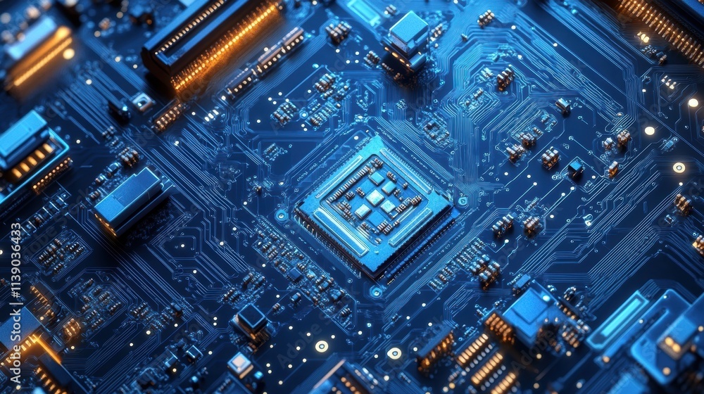 Fototapeta premium A detailed view of a circuit board being assembled by automated machinery emphasizing the customized tech solutions in electronics manufacturing.