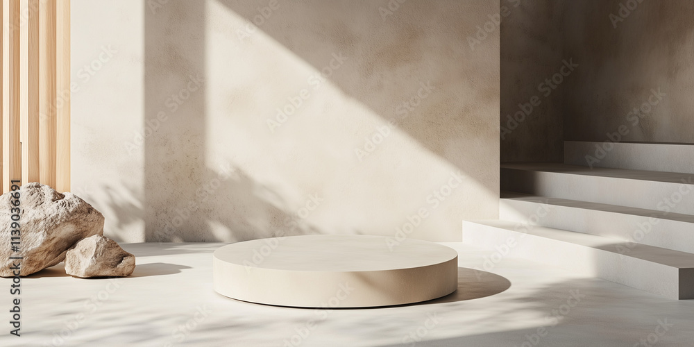 Minimalist White Podium in a Sunlit Room with Natural Elements Minimalist White Podium in a Sunlit Room with Natural Elements