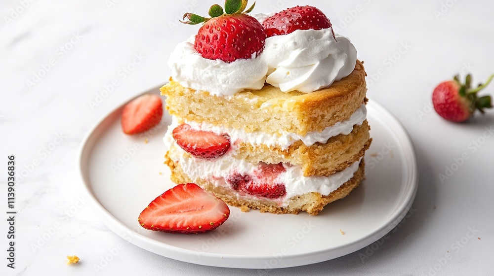 Layered strawberry shortcake on plate with fresh berries Layered strawberry shortcake on plate with fresh berries