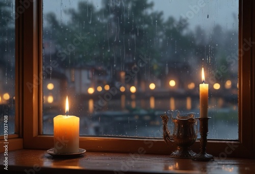 Rainy day window with water droplets on the pane and a single candle next to it casting a warm glow, soft, window photo