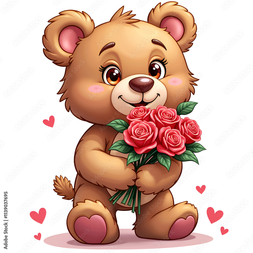 Obraz premium Adorable bear holding a bouquet of roses surrounded by hearts for a touch of whimsy, digital art of character design concept.